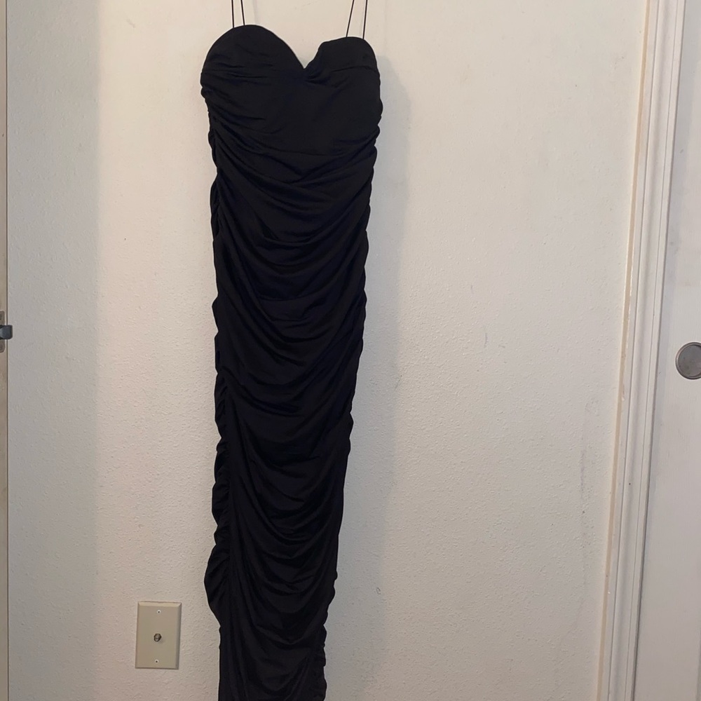 Oh Polly Black Ruched Maxi Dress with Spaghetti Straps